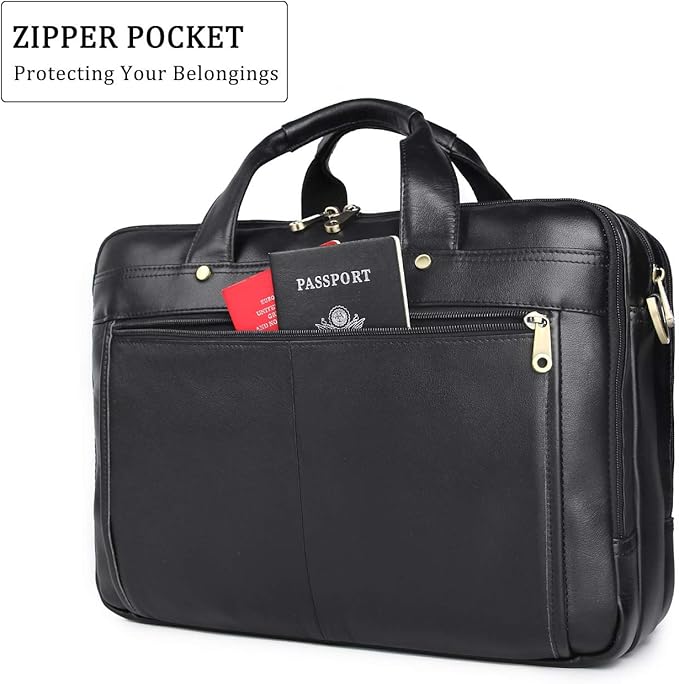 Augus Leather Briefcase for Men Business Travel Messenger Bags 15.6 Inch Laptop Bag, Black