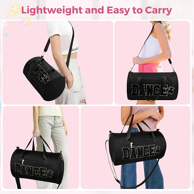 Dance Bag for Girls, KUIRAN 23L Waterproof Travel Duffel Bag with Colorful Chenille Letter, Lightweight Small Gym Sport Ballet Weekender Bag with Large Main Compartment - Black/Gold