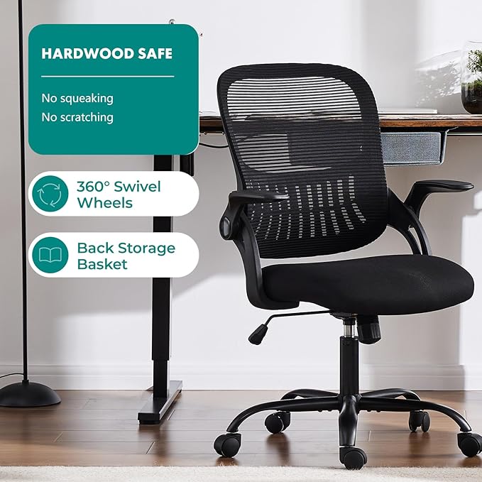 Sweetcrispy Home Office Managerial Executive Chair, Ergonomic Mesh Adjustable Swivel Mid-Back Chair with Comfortable Lumbar Support, Comfy Arms for Bedroom,Study,Student