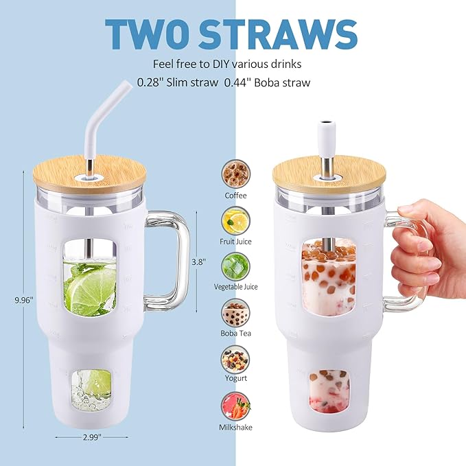 Glass Tumbler with Straw and Lid, 40 oz glass cup with handle, Glass Water Bottles with Time Marker, Silicone Protective Sleeve-White