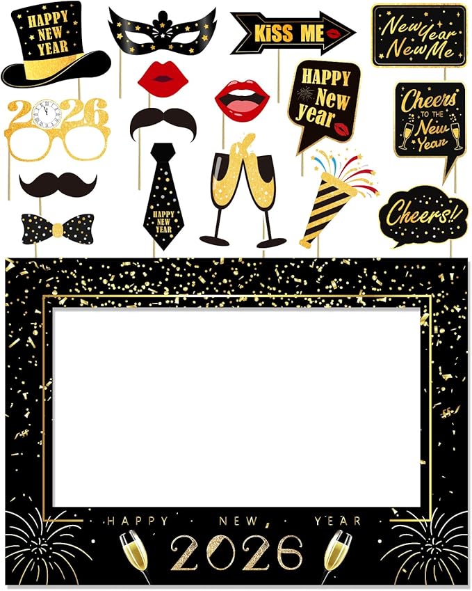 New Years Eve Party Supplies 2026, NYE Photo Booth Props Kit with Glitter Frame, 2026 Glasses & Mustache (Pack of 17)