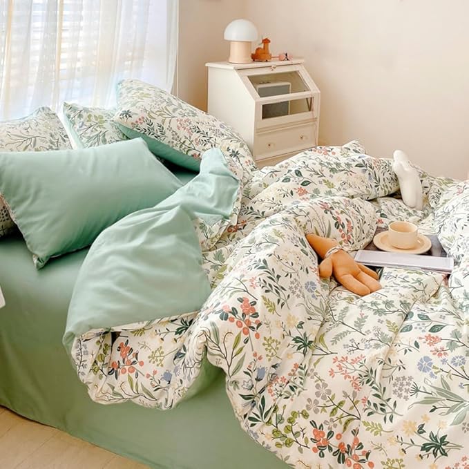 Botanical Floral Duvet Cover Twin Fresh Soft 100% Cotton Comforter Cover Floral Print Cottagecore Bedding Set with 2 Pillowcases Vintage Country Wildflower Comforter Cover with Zipper Closure Twin