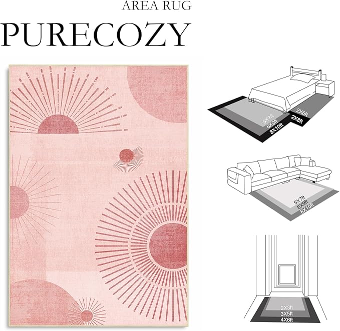 Large Area Rug 5x7 Sun Rug Living Room Mid Century Modern Rugs Machine Washable Boho Geometric Rug Non Slip Printed Low Pile Indoor Floor Carpet for Dining Room Bedroom Office,Pink