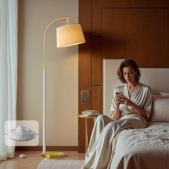 G-SAFAVA 63" Wood Floor Lamp for Living Room Dimmable Standing Lamp with Remote & Foot Switch, 3 Color Temperatures Tall Lamp Mid Century Modern Floor Lamp for Bedroom Office, 9W Bulb Included, White