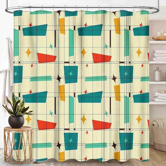 Geometric Shower Curtain for Bathroom, Pastel Mid Century Modern Abstract Geo Print Patterned Retro Style Teal Turquoise Waterproof Fabric Shower Curtain Set with Hooks, 72"x84" Inch