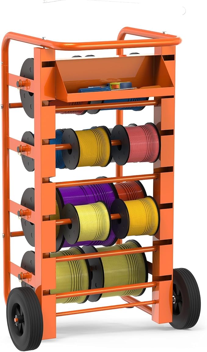 Tredre Wire Spool Rack with Wheels, Heavy Duty Cable Holder with 11 Rods – Mobile Multi-Spool Wire Rack Dispenser with Wheels and Storage Box for Efficient Workplace Cable Management, Orange