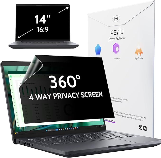 Peslv 360° 4 Way Laptop Privacy Screen for 14 Inch 16:9 Aspect Ratio Computer Monitor, Anti Glare Blue Light Spy Filter Private Cover, Bubble-Free Black Security Protector