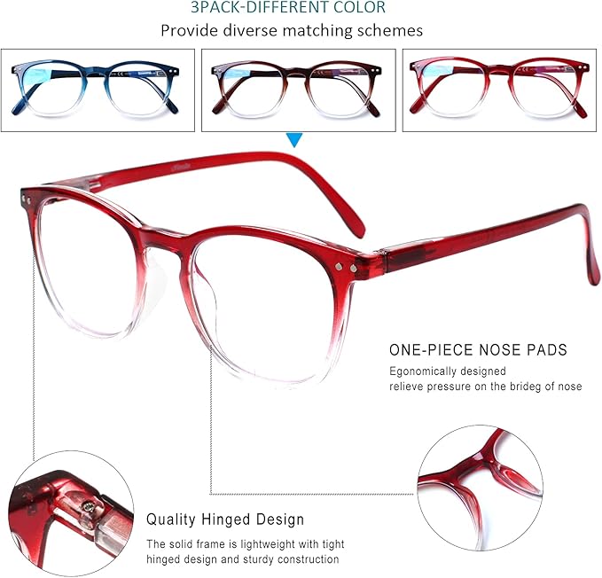 Henotin 3-Pack Blue Light Blocking Reading Glasses,Spring Hinge Computer Readers for Men Women,Anti UV Ray Filter Eyeglasses (Multicolor, 3.5)