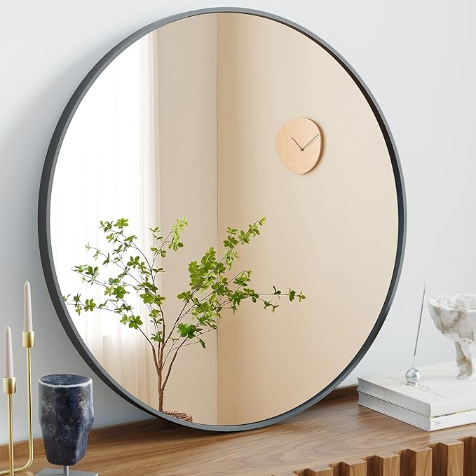 NEWBULIG Round Bathroom Mirror for Over Sink, 28 Inch Wall Mount Vanity Circle Mirror with Matte Metal Framed, Decor for Bathroom, Entryway, Bedroom, Black