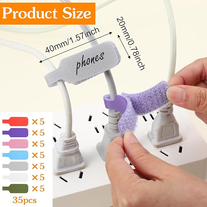 35 PCS Cable Cord Labels Large Size, Cord Labels Reusable Cable Label Tags Writable Wire Tags Label Multicolored Handwriting Cables Tag for Organizing Wires and Identification Electronics Computers