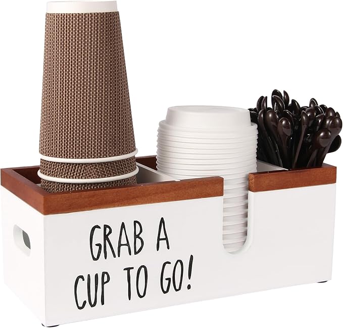 Intarsio 100% Wooden Coffee Cups Holder with U-Shape Cutout Design for Countertop-Coffee Bar Organizer for Cups, Lids, Pods, Stirrers, and Accessories, Great Gift for Home or Office (White)