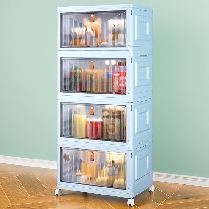 4 Tier Stackable Plastic Storage Bins with Lid and Wheels - 23 QT Closet Organizers and Storage, Foldable Storage Containers, Organization and Storage Boxes for Craft, Home, Pantry, Dorm, Blue