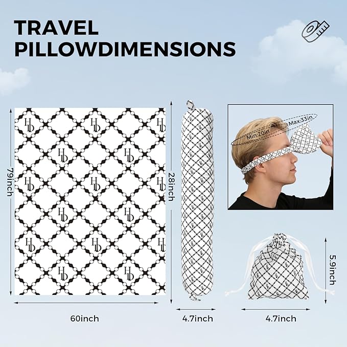 Travel Pillow with Detachable Flannel Blanket & Eye Mask – Plush Velvet Neck Support Pillow for Airplane,Car,Office Rest,Coordinated Digital Print Set (Black Circular Grid, 60in * 79in)