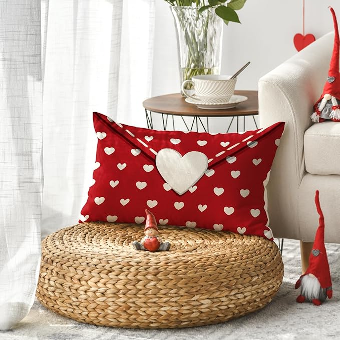AVOIN colorlife Valentine's Day Envelope Throw Pillow Cover, 12 x 20 Inch Red Heart Red Anniversary Wedding Cushion Case Decoration for Sofa Couch