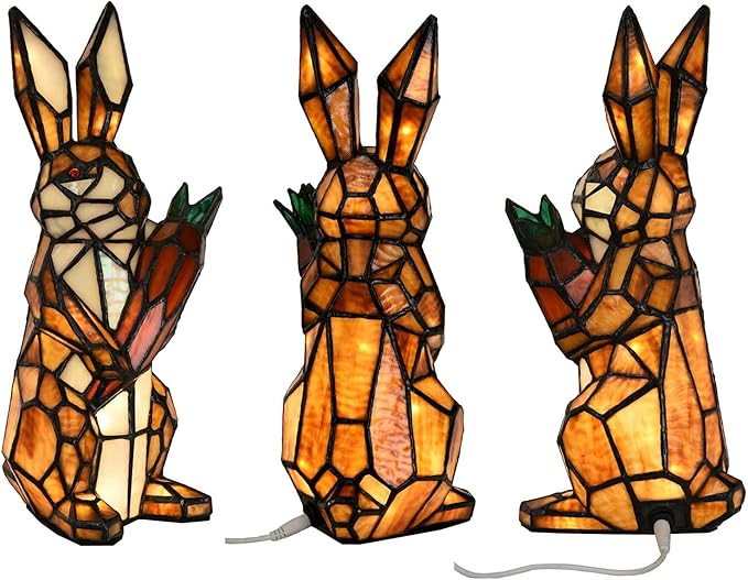 Bieye L10950 Rabbit Holds Carrot Tiffany Style Stained Glass Accent Table Lamp for Home Decor (Brown)