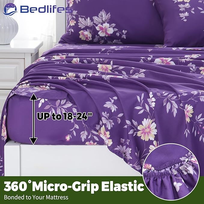 Bedlifes Extra Deep Pocket 18-24" King 4-Piece Sheet Set - Cooling Sheets Blend Rayon Derived from Bamboo Soft & Breathable,Featuring Dark Purple Floral