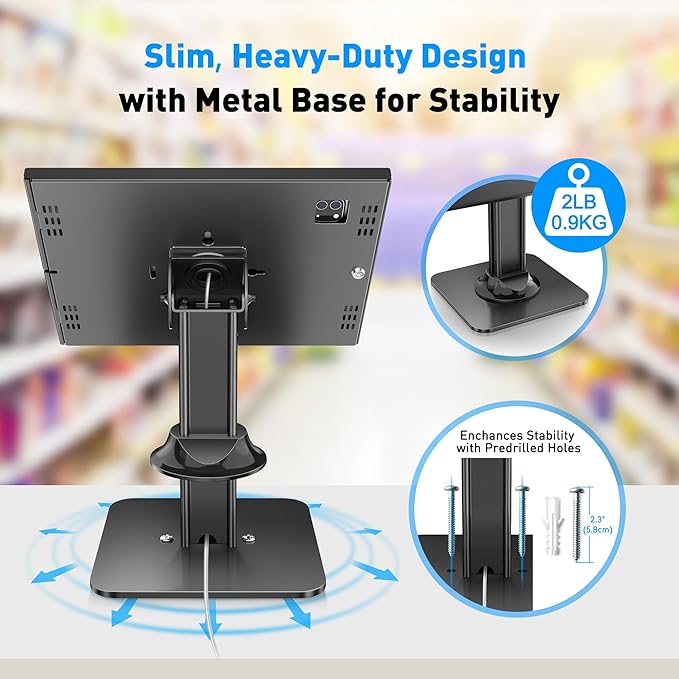 AboveTEK Anti-Theft iPad Kiosk Stand – POS iPad Security Stand – Heavy Duty Base, 360° Swivel, 75° Tilt Bracket – Perfect for Retail Business (Black) (Black, 12.9"/13" iPad & 12.4" Galaxy Tab)