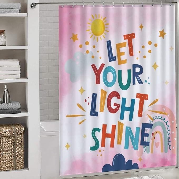 Pink Rainbow Shower Curtain for Bathroom, Boho Cute Inspirational Motivational Quotes Rainbow Colorful Baby Kids Girls Waterproof Fabric Shower Curtain Set with Hooks, 72"x72" Inch