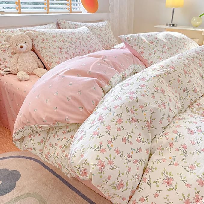 Vintage Style Pink Floral Duvet Cover King Cotton Garden Flower Duvet Cover Boho Cottagecore Bedding Set Chic Botanical Duvet Cover with 2 Pillowcases White Floral Comforter Cover King Bedding Set