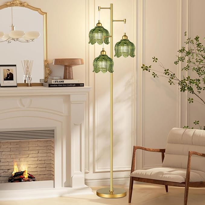 ILLMTW Glass Floor Lamp for Living Room,Bedroom,Gold Mid Century Modern Standing Lamp Brass Tree 3 Light Tall Floor Lamps Vintage Retro Floor Lights Green Flower Lamp Shade Farmhouse Boho Bohemian