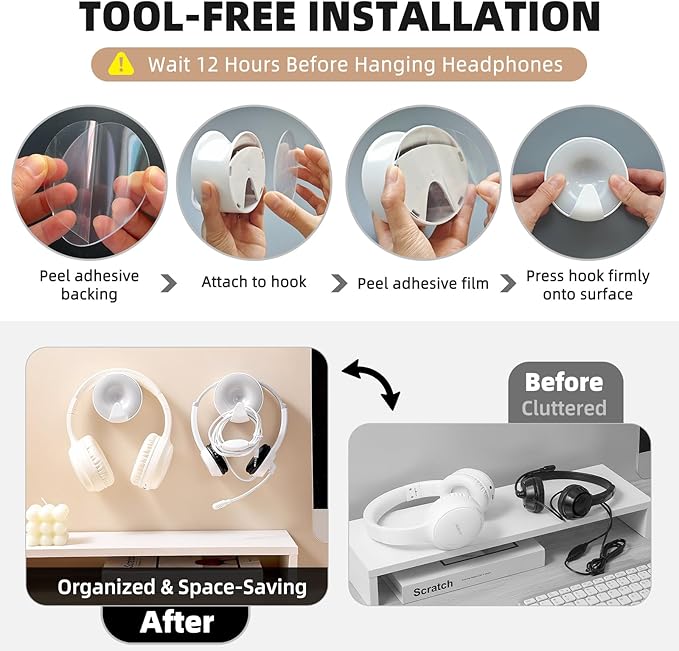 Aenfaiy Headphone Holder Wall Mounted, Under Desk Adhesive Headphone Hook, White Gaming Headset Stand Hanger for Desk with Cable Hook, Fits Slim On-Ear & Over-Ear Headphones| Headband Width Up to 30mm