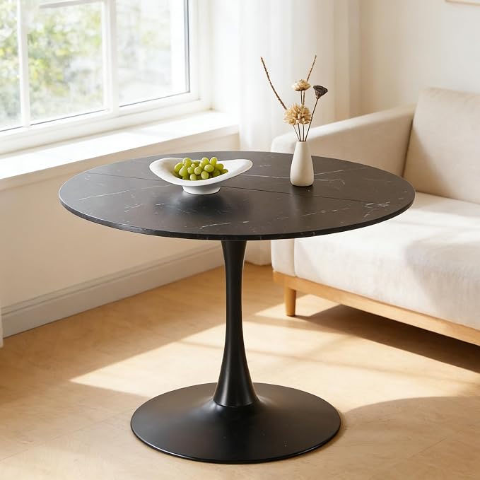 KEIKI 42.1" Round Dining Table, Mid Century Modern Bistro Table with Thickened MDF Tabletop & Metal Pedestal, for 4-6 People, Small Places, Cafe, Kitchen, Living Room, Faux Marble Black