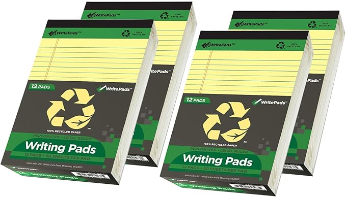 KAISA Legal Pad Writing Pads, 5"x8" Legal Ruled, 8.5"x11.75" Wide Ruled, 56GSM Paper Notepads, 12pads (Canary 48pad, 5x8inch)
