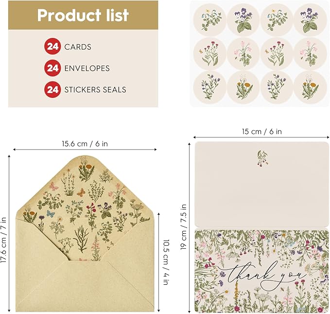 Artoid Mode 24 Pack Leaves Wildflower Thank You Cards Flower Greeting Cards Gift With Envelope Sticker Blank Note Cards for Birthday Wedding Baby Shower Bridal Shower, 4 x 6 Inch