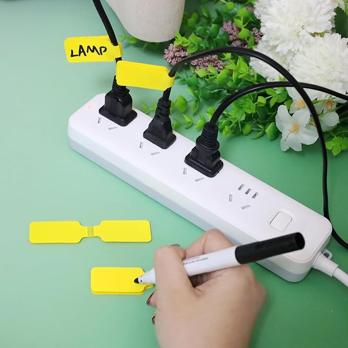 50 Pieces Cord Labels Self-Adhesive Nylon Cable Labels Tags Waterproof Wire Cable Tags or Electronics Office Computers Management and Identification (Yellow)