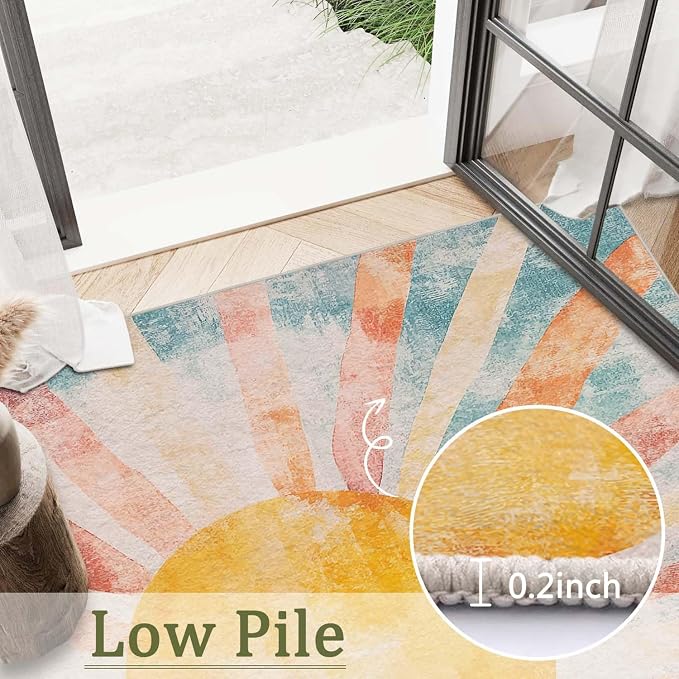 5x7 Boho Sun Area Rug Retro Orange Yellow Blue Beige Bedroom Rug Low Pile Thin Large Carpet Living Room Non Slip Dining Room Stain Resistant Office Washable Machine Classroom