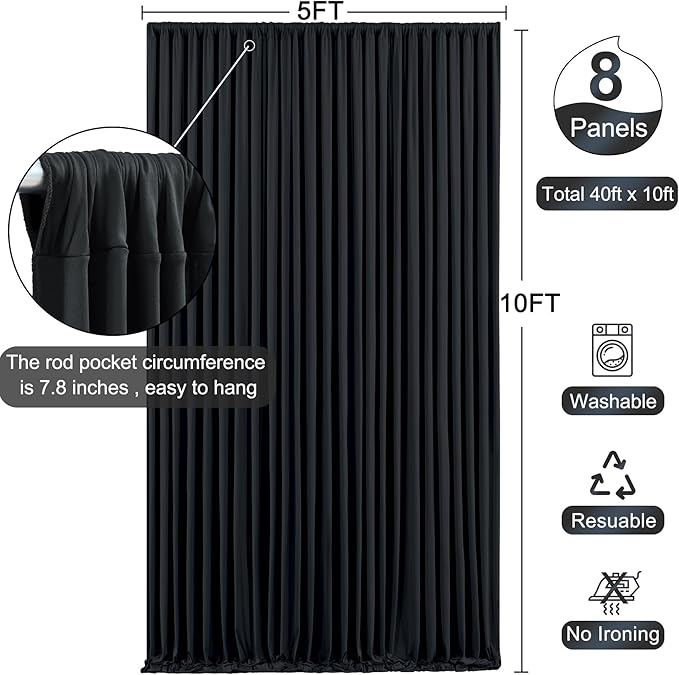 8 Panels Black Backdrop Curtain for Parties Wrinkle Free Black Photo Curtains Backdrop Drapes Fabric Decoration for Birthday Party Wedding 40ft(W) x 10ft(H)