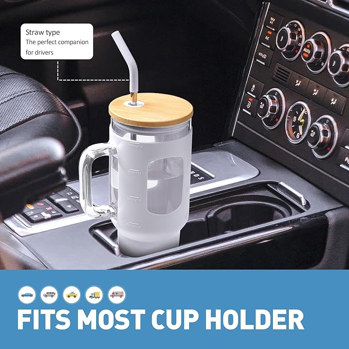 Glass Tumbler with Straw and Lid, 40 oz glass cup with handle, Glass Water Bottles with Time Marker, Silicone Protective Sleeve-White