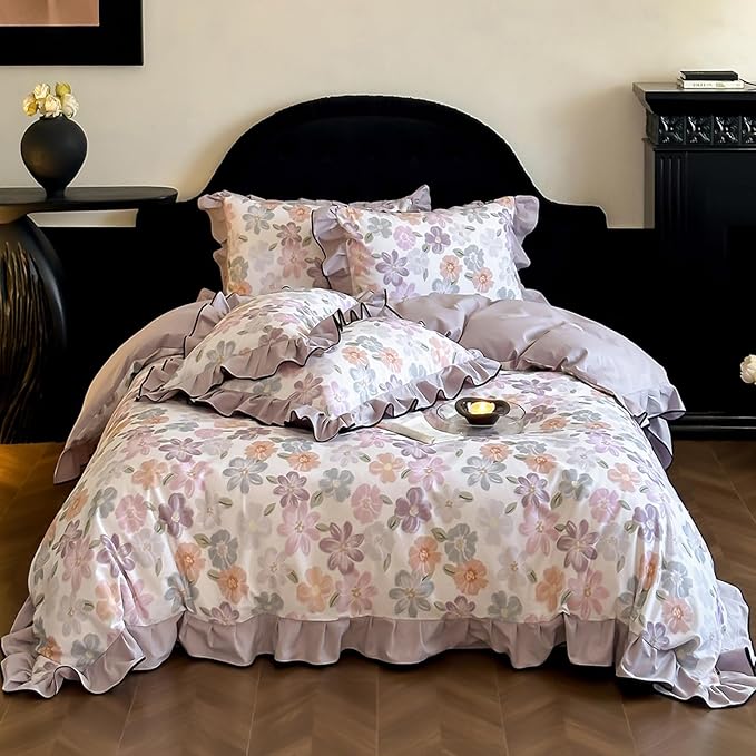 HighBuy Chic Floral Ruffle Duvet Cover Full Size,Boho Vintage Brushed Cotton Floral Bedding with Ruffle,Durable Bedding,Farmhouse Comforter Cover Sets 1 Duvet Cover and 2 Pillowcases