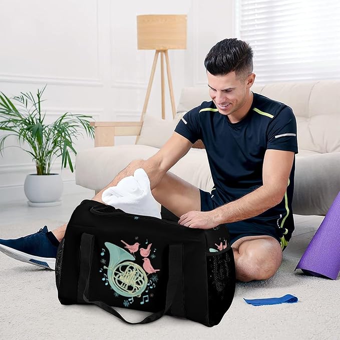 French Horn Music Bird Duffle Bag Gym Bag for Workout Travel Tote with Detachable Straps
