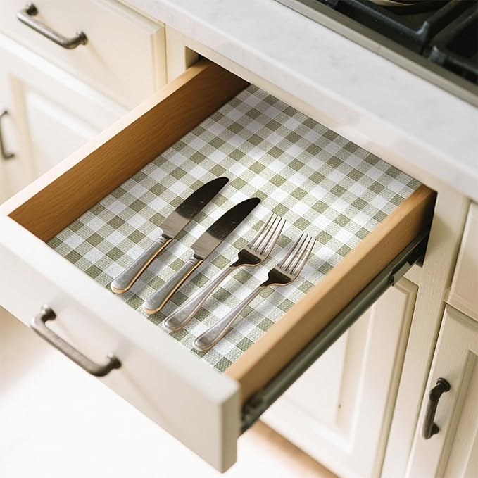 Drawer Liner and Shelf Liner for Kitchen Cabinet Liner Non-Adhesive Non-Slip Shelf Paper, Thick Strong Grip Waterproof Easy to Clean for Shelves, Cupboard, Desks, Green Plaid Pattern, 17.5 in x 20 FT