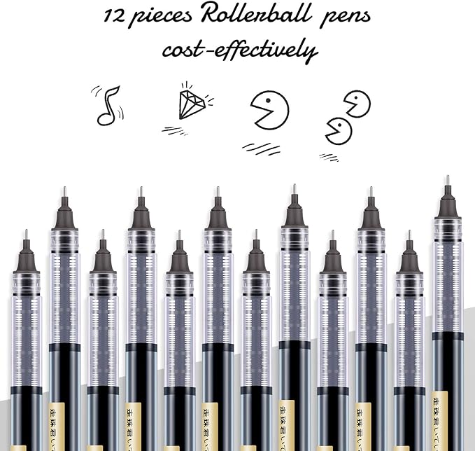 Frienda 12 Pieces Rolling Ball Pens 0.5 mm Japanese Quick Drying Fine Point Pens Liquid Ink Smooth Writing for Office Student Back to School Supplies(Black)