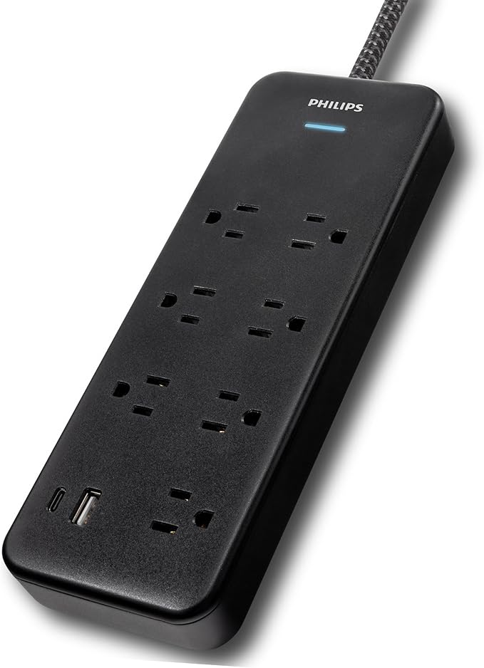 Philips 7-Outlet Surge Protector Power Strip with USB, 1 USB-A, 1 USB-C, 6 Ft Braided Extension Cord, Mutli Plug Outlet Extender, Adapter-Spaced, Charging Station, 15W, 1500 Joules, Black, SPP3703B/37