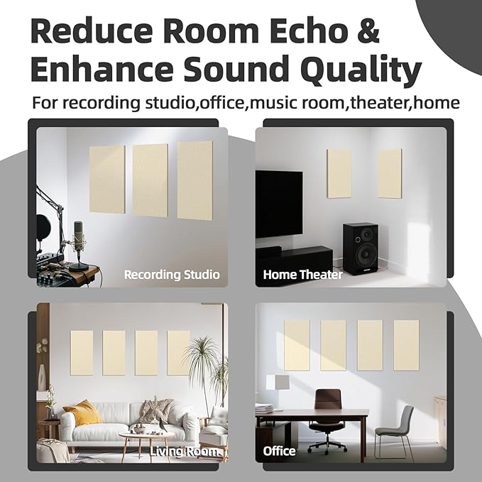 Art3dwallpanels 4 PCS Acoustic Panels, 24''x12'' Fabric Soundproof Wall Panels, Easy-Hook Mounting Sound Absorbing Panels for Studios, Office, Home Theater, Linen