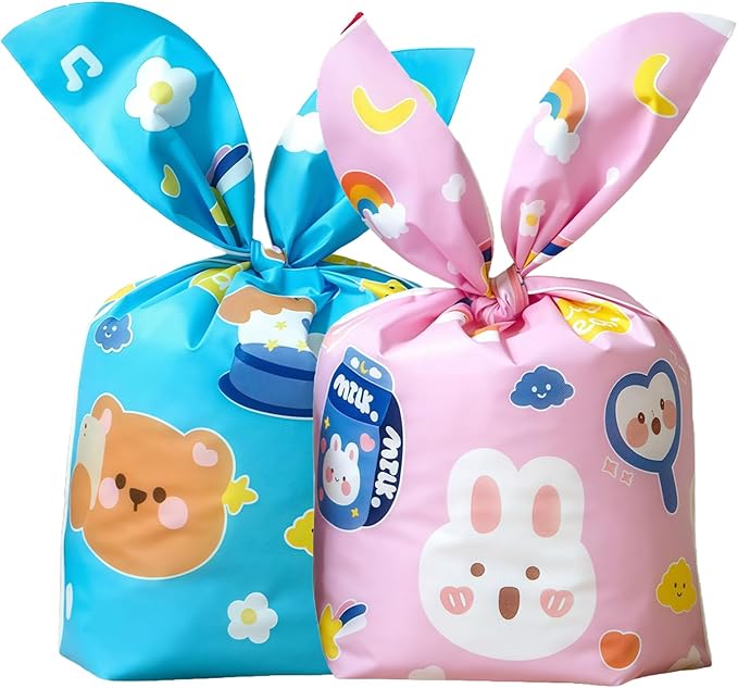 FERENLI 50 Pack Reusable Easter Gift Bags with Bunny Ears Goodie Treat Plastic Snack Candy Bags for Rabbit Bunny Birthday Party Favor Supplies (2 Mixed Colors, 5.3x9.1 inch(13.5x23 cm))
