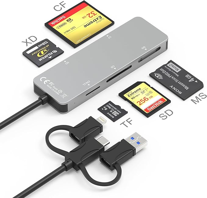 Multi Card Reader with Lightning+USB A+USB C, 6 in 1 SD/Micro SD/TF/M2/MS/CF/XD Picture Card Reader, Memory Stick pro Duo Adapter for iPhone, Multi SD Card Reader with 5 Gbps, Read Simultaneously