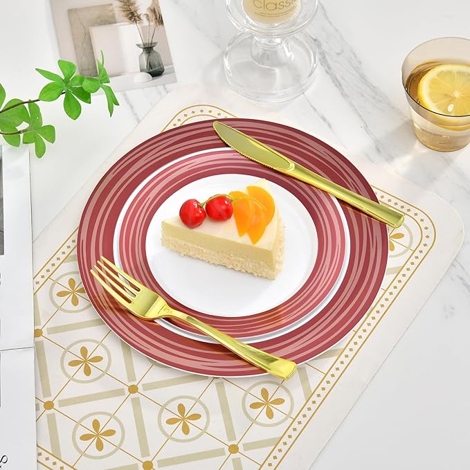 100PCS Reddish Brown Disposable Plastic Plates Include 50PCS 10.25inch Dinner Plate and 50PCS 7.5inch Dessert Plate Heavy Duty Plastic Dinnerware for Party Wedding Anniversary New Year