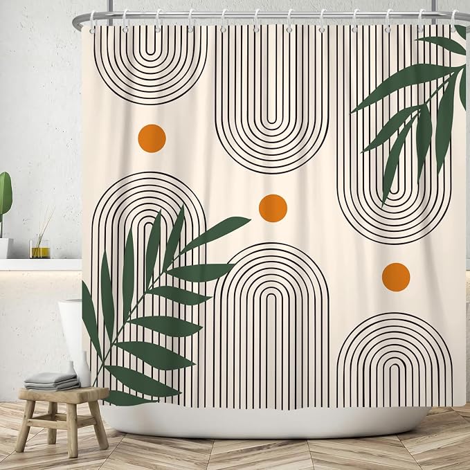 Boho Mid Century Shower Curtain Bohemian Minimalist Geometric Arch Sun Bathroom Curtain Sage Green Plant Polyester Shower Curtain Sets for Bathroom Extra Long 72x84 in with 12 Hooks