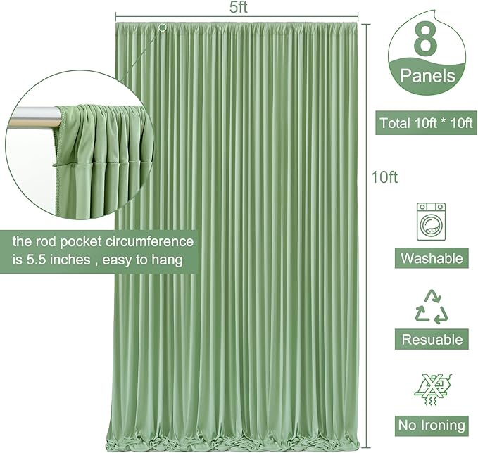 8 Panels Sage Green Backdrop Curtain for Parties Wrinkle Free Dark Green Photo Curtains Backdrop Drapes Fabric Decoration for Weding Baby Shower Birthday Party Photography 40ft(W) x 10ft(H)