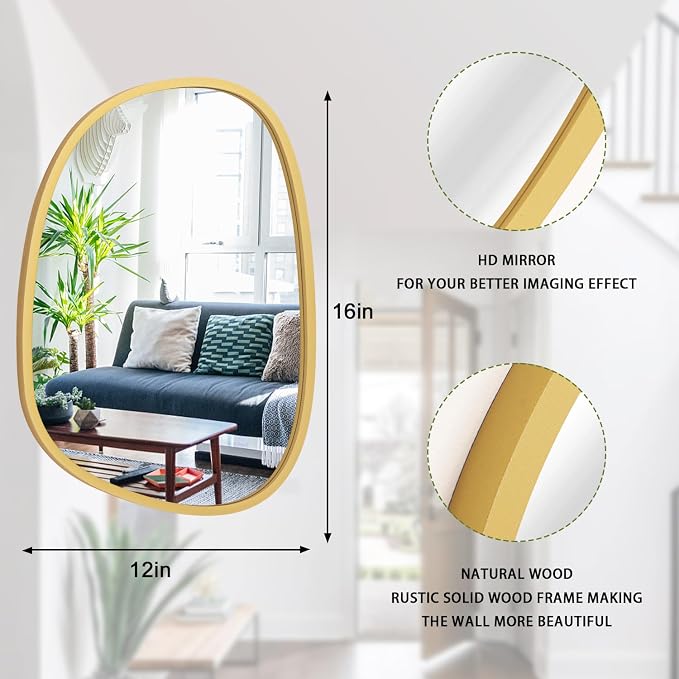 Irregular Gold Modern Asymmetrical Small Wooden Framed Hanging Wall Mirror - Unique Oval Shape for Bedroom, Bathroom, Entryway, Living Room