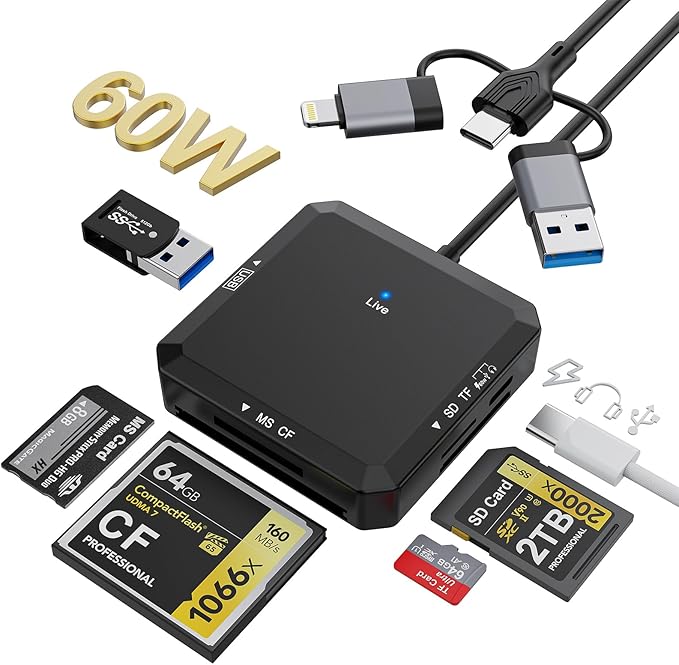 8-in-1 Multi Card Reader, USB-C USB-A Lightning 3-Port Connector to SD, TF, CF, MS, USBA, USBC, OTG SD Memory Card Reader Adapter for iPhone17/16/iPad/Android/Mac/PC with Windows/Mac/Linux/Chrome OS