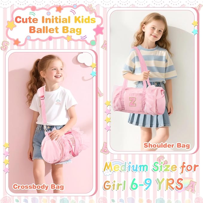 Personalized Initial Dance Bag for Girls 6-9, Medium Lace Gym Sport Yoga Cheer Dance Bags Gift for Teen Girls, Cute Letter Kids Ballet Bag Toddler Travel Duffel Tote with Adjustable Straps(Pink-Z)