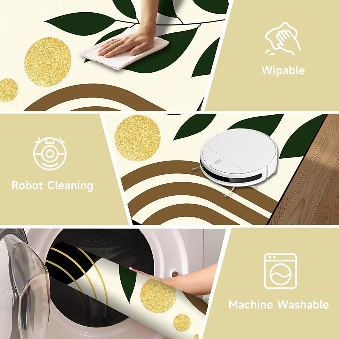 Modern Abstract Rug Geometric Area Rug Boho Green Leaf Floor Mat Soft Washable Carpet for Entryway Bedroom Living Room Kitchen Home Decor 3'x5'