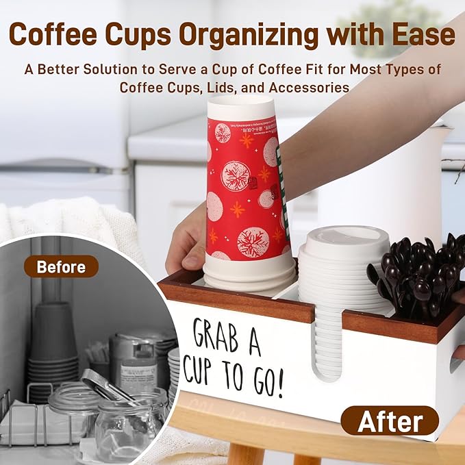 Intarsio 100% Wooden Coffee Cups Holder with U-Shape Cutout Design for Countertop-Coffee Bar Organizer for Cups, Lids, Pods, Stirrers, and Accessories, Great Gift for Home or Office (White)