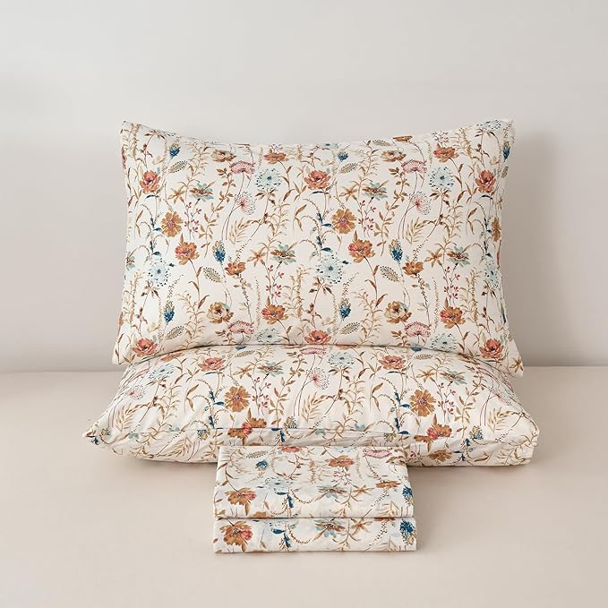 Zusbest Queen Sheets Set 100% Percale Cotton - Boho Floral Botanical Printed Bedding with Deep Pocket 17.5'', Vintage Burnt Orange & Teal Design, 4-Piece Soft Breathable Sheets