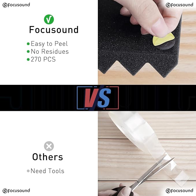 Focusound 50 Pack Acoustic Foam Panels 1" x 12" x 12" Sound Proof Foam Panles Soundproofing Noise Cancelling Wedge Panels for Home Office Recoding Studio with 300PCS Double-Side Adhesive